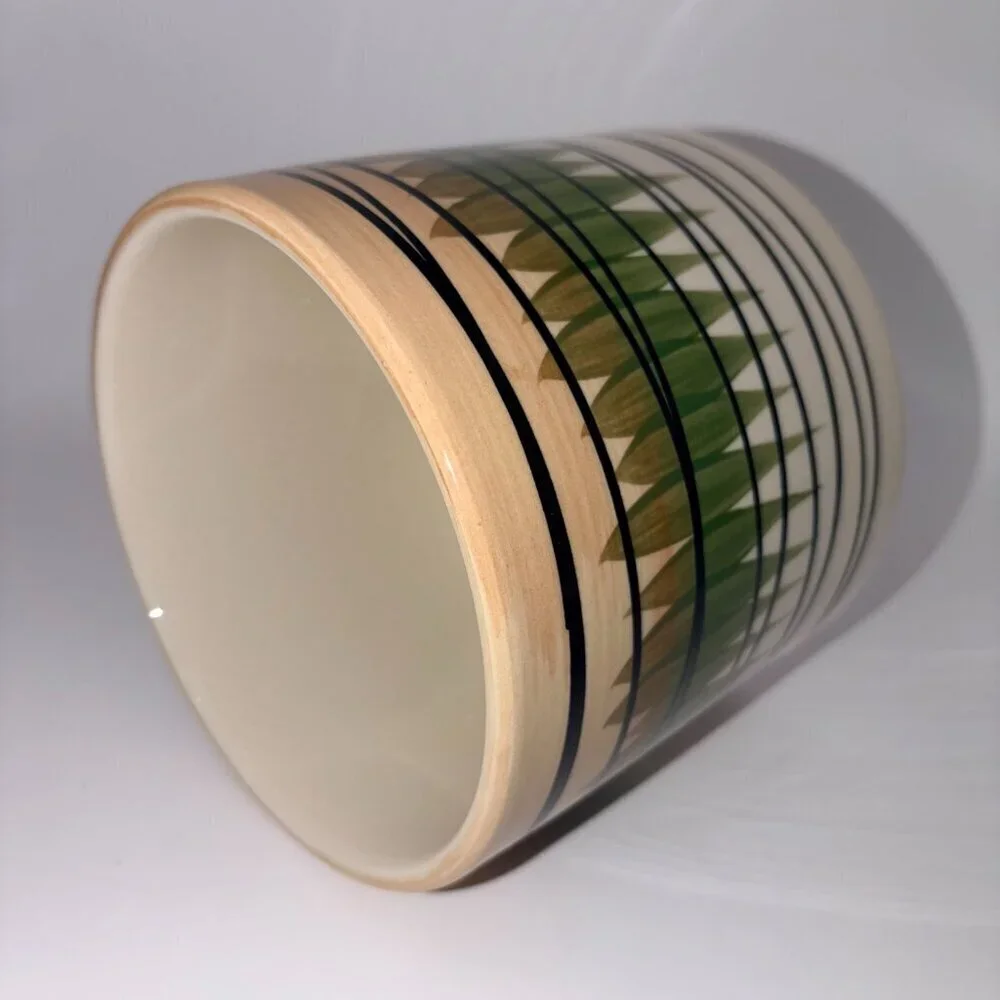 Vintage Ceramic Planter Pot Green Black Geometric Striped Boho Cachepot 5.75”